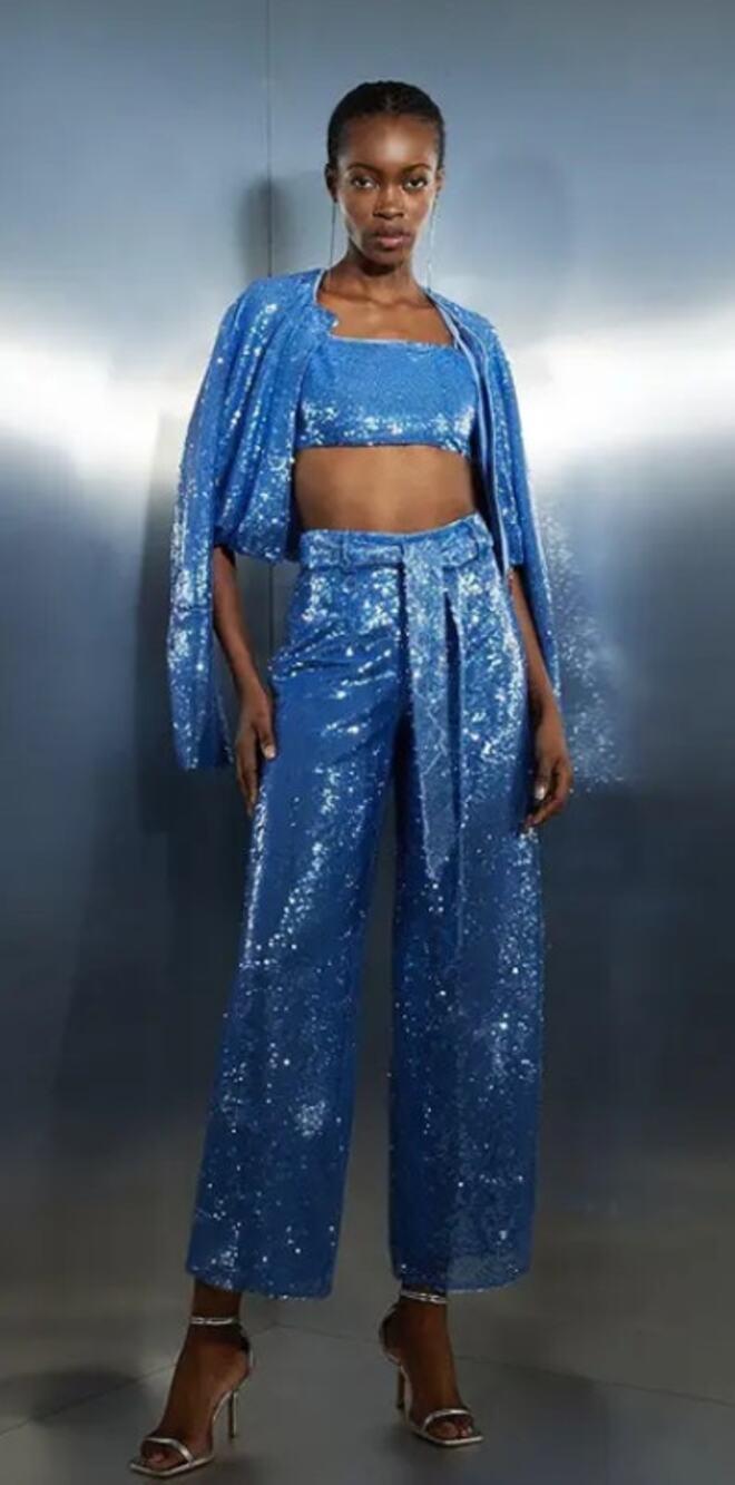 Karen Millen Blue Sequin Jacket, Crop Top, & Wide Leg Pants Set US 2